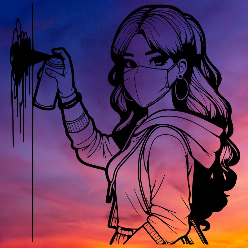 realistic girl with mask spray painting a wall