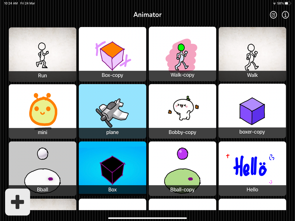 Animator Plus - Grid gallery of hand-drawn animation projects in the Animator Plus app showing various character sketches and shapes.