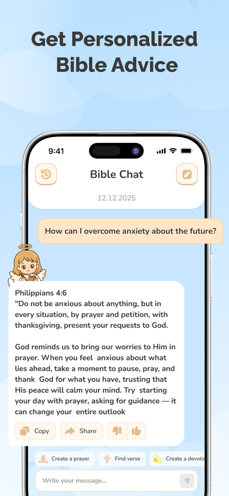 Angely: Screen Time & Faith - Interface of Angely app showing a personalized Bible Chat response for overcoming anxiety using Scripture.