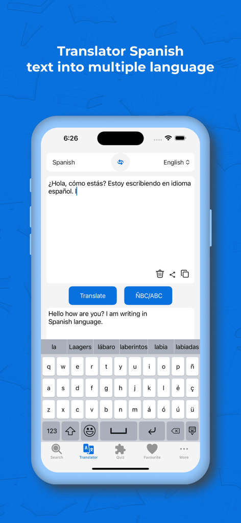 Spanish Dictionary+ Translator - Smartphone screen showing Spanish to English translation with a Spanish keyboard