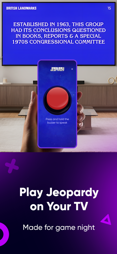 A person using their smartphone as a red buzzer to play Jeopardy! on a TV screen during a game night.