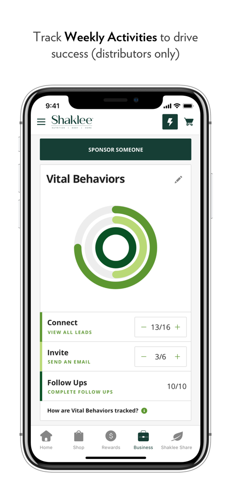 Shaklee Connect - Shaklee Connect app business dashboard for distributors showing vital behaviors and weekly activity tracking