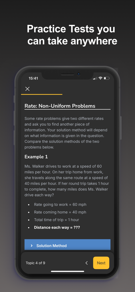 Interface do aplicativo móvel March2Success mostrando uma lição prática de matemática sobre problemas de taxa não uniforme.