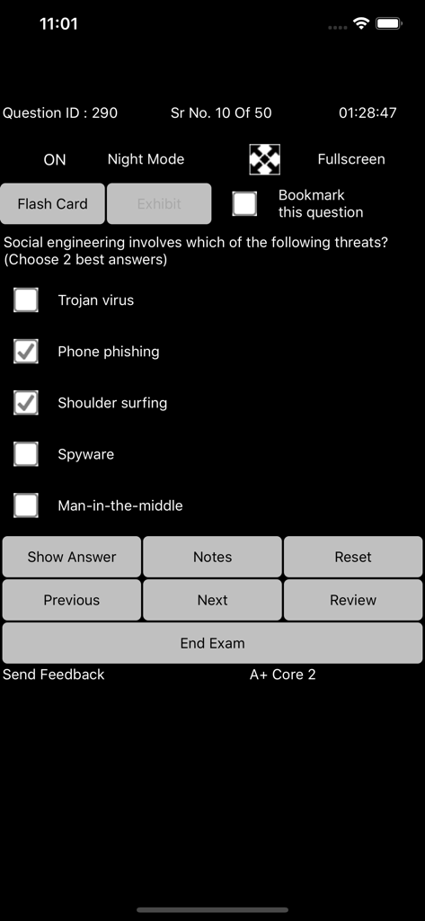 Screenshot of Aplus Core 2 Exam Sim app showing a multiple choice practice question about social engineering in night mode.