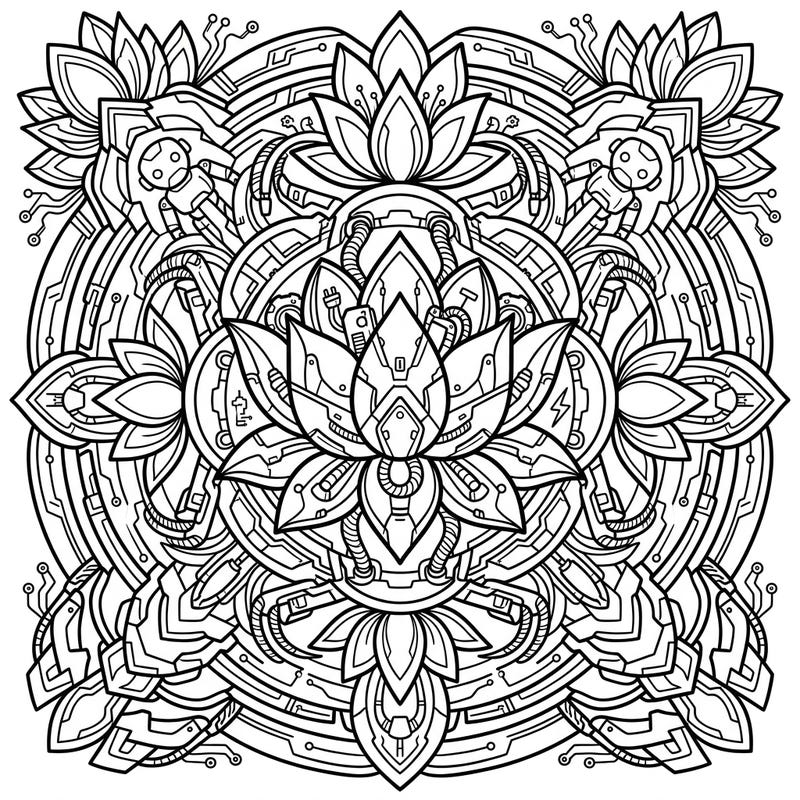 Experience the unique blend of ancient symbolism and futuristic technology with this Cyberpunk Lotus Mandala coloring page. Its intricate design, featuring robotic lotus flowers and circuit patterns, offers a captivating coloring challenge for all ages.