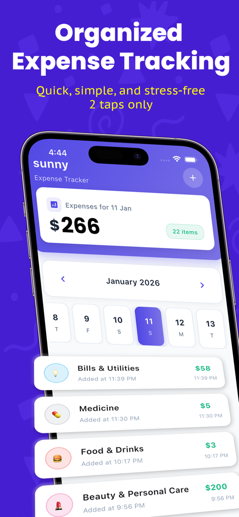 ListExpenser: Expense Tracker - iPhone screen of ListExpenser app displaying a daily expense summary and categorized spending list for household management