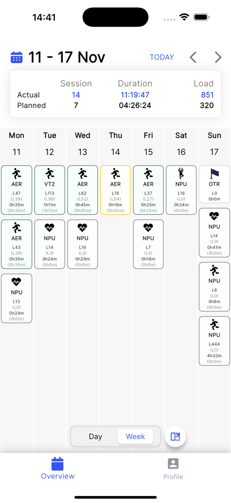 Athletica AI Training Plans - Panel de entrenamiento semanal en la aplicación Athletica AI que muestra los entrenamientos reales frente a los planificados y las métricas de la sesión.