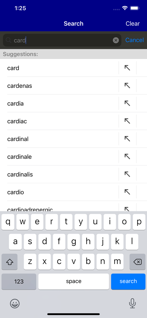 Rudolph's Pediatrics, 23/E - Search screen of Rudolph's Pediatrics app showing predictive medical term suggestions while typing