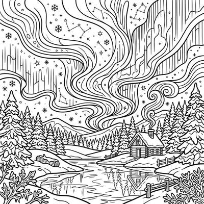 Journey to a serene winter landscape where the mesmerizing Aurora Australis illuminates the night sky. This enchanting coloring page features a cozy cabin nestled among snow-covered trees, perfect for a relaxing creative escape.