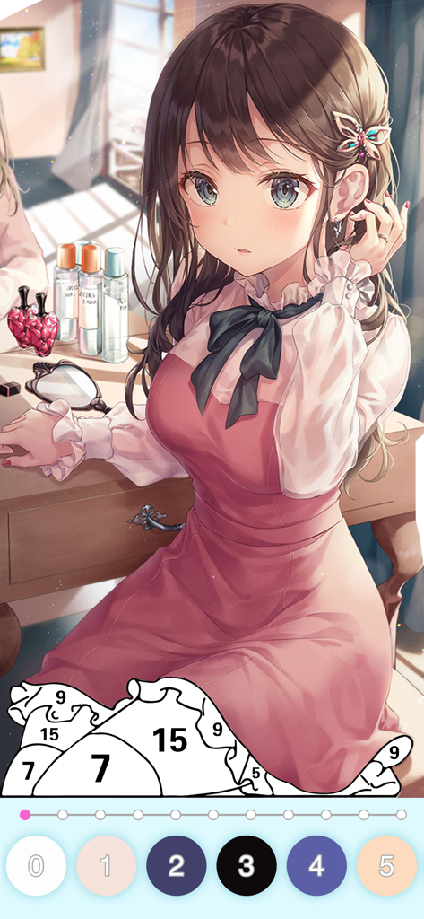 Anime Color - Paint by Number - Una chica anime sentada en un tocador en una interfaz de juego de pintura por número
