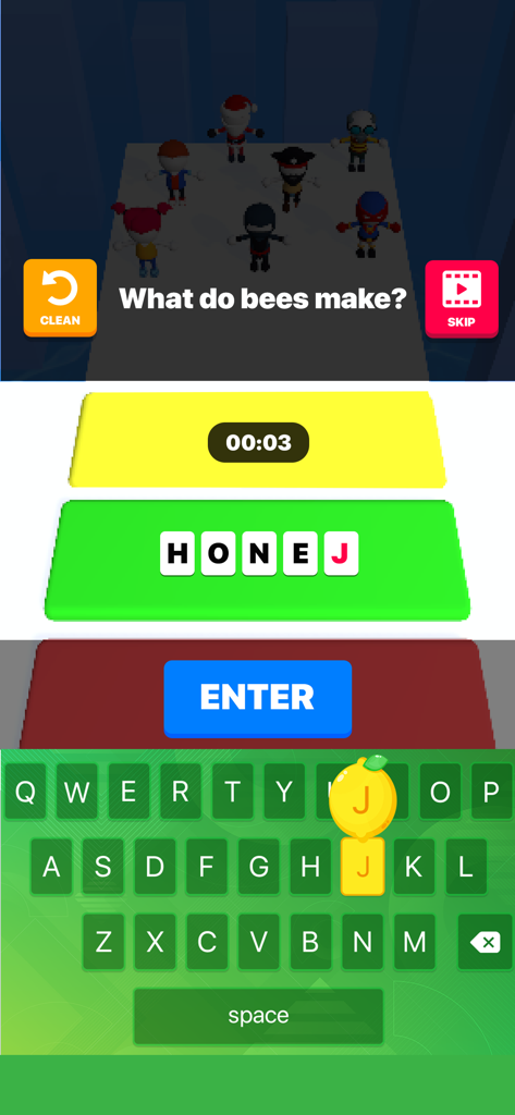 Happy Printer mobile game screen showing a word trivia challenge and on screen keyboard