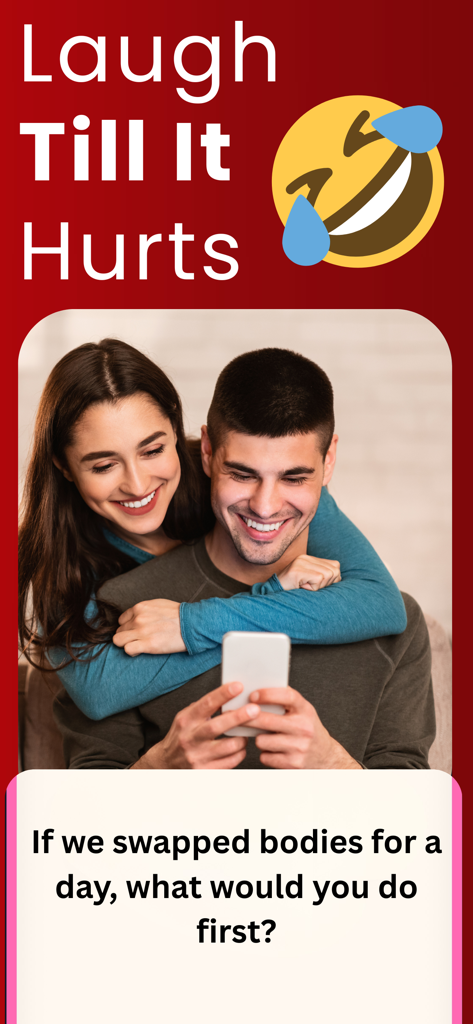 Couple Games Questions - LuvQ - Una pareja feliz riendo mientras lee un divertido iniciador de conversación de intercambio de cuerpos en la interfaz de la aplicación LuvQ.