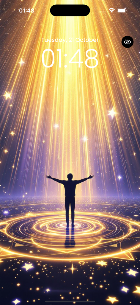 Anime Live Wallpaper 4K! - A golden anime live wallpaper showing a character silhouette under bright beams of light on an iPhone lock screen.