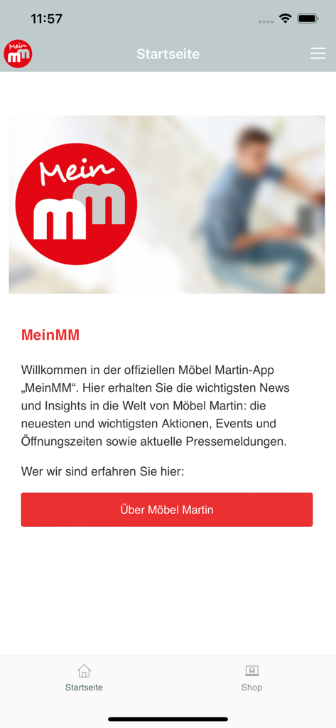 MeinMM - Pantalla de inicio de la aplicación MeinMM de Moebel Martin con un mensaje de bienvenida y el logotipo de la empresa.