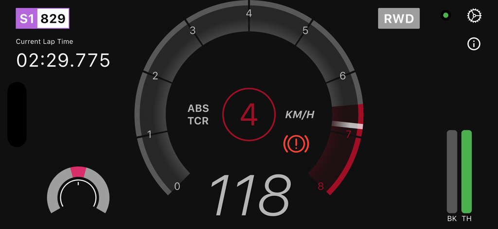 Digital dashboard interface for Forza Horizon with speed, gear, and lap time telemetry.