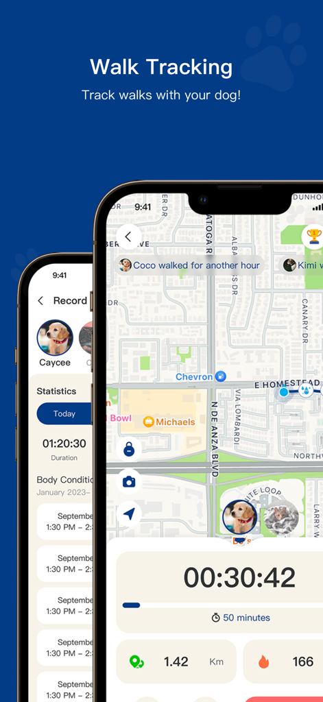 Smartphone screen displaying PawView dog walk tracking feature with a map and fitness metrics