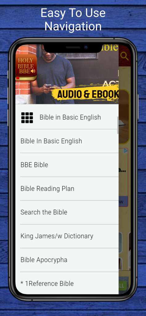BBE Basic English Bible - Menú de navegación de la aplicación BBE Basic English Bible que muestra planes de lectura y opciones de búsqueda