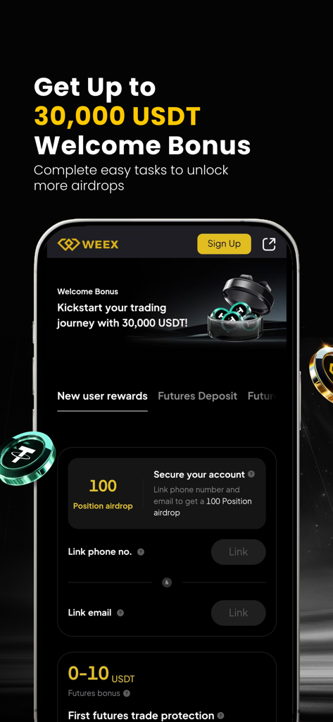 WEEX app screen showing a 30,000 USDT welcome bonus and new user reward tasks.
