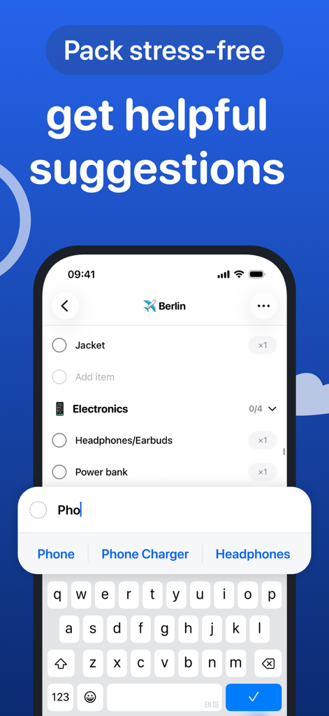 Interfaccia dell'app Packo che mostra suggerimenti di completamento automatico durante la digitazione di articoli per una lista di imballaggio per Berlino.