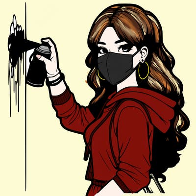 realistic girl with mask spray painting a wall