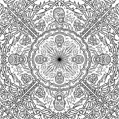 Dive into a chilling coloring experience with this intricate Screamer Zombie Mandala, perfect for horror fans and mandala enthusiasts alike. This unique design blends ghoulish undead faces with mesmerizing symmetrical patterns, offering hours of creative fun.