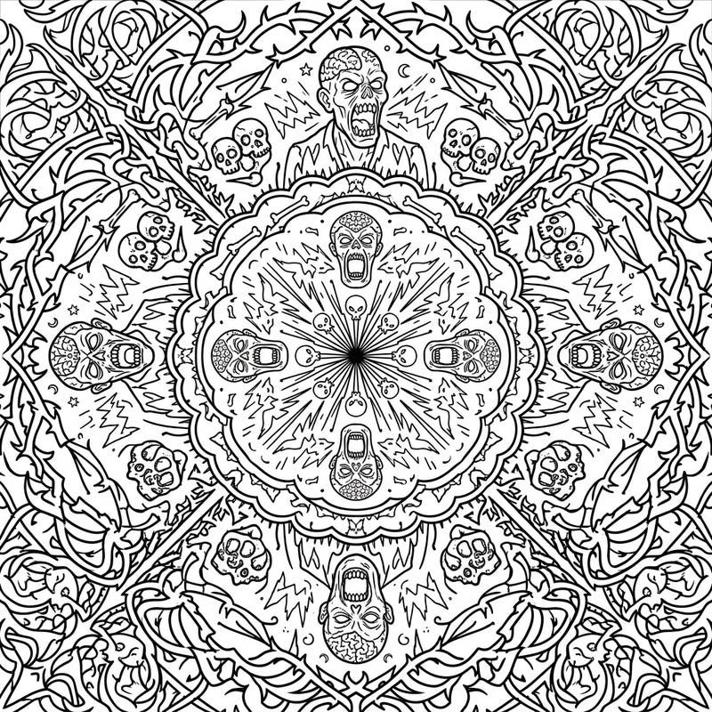 Dive into a chilling coloring experience with this intricate Screamer Zombie Mandala, perfect for horror fans and mandala enthusiasts alike. This unique design blends ghoulish undead faces with mesmerizing symmetrical patterns, offering hours of creative fun.