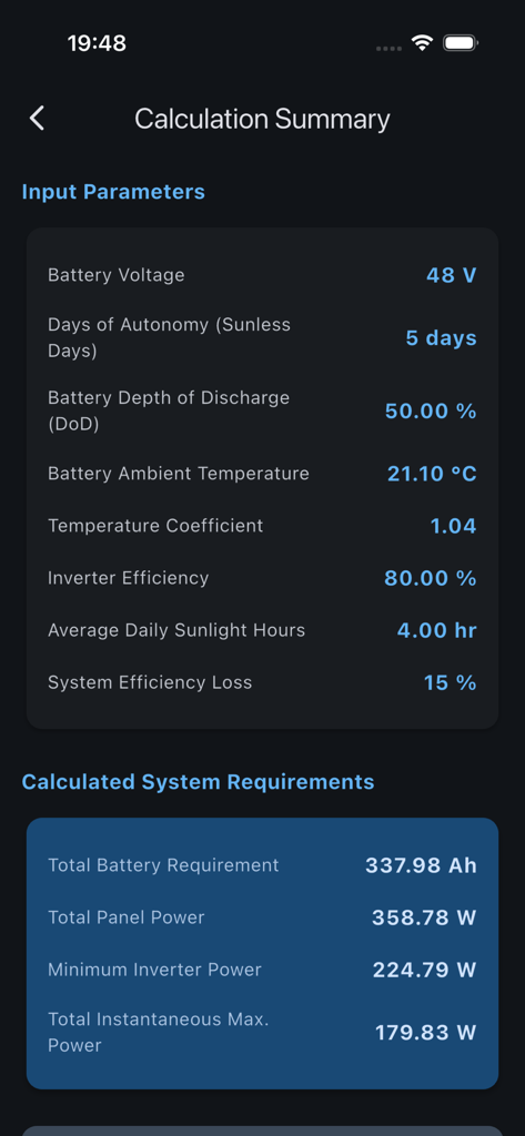 A summary screen showing input parameters and calculated system requirements for an off-grid solar setup