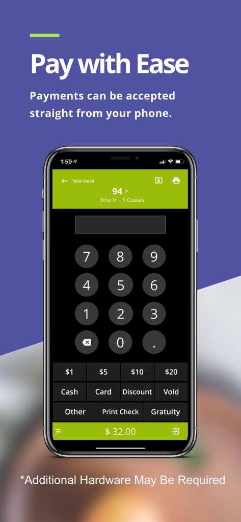 Lavu POS - Smartphone screen showing Lavu POS payment interface with numeric keypad and checkout options like cash or card.