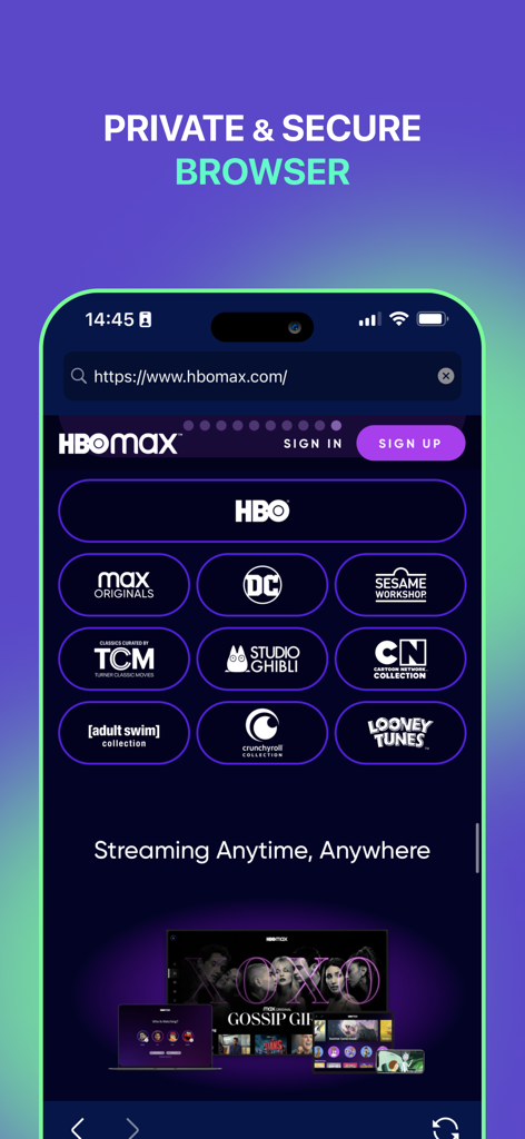 VPN Hotspot Browser & More - Screenshot of the VPN Hotspot app showing a private and secure browser interface with HBO Max streaming content.