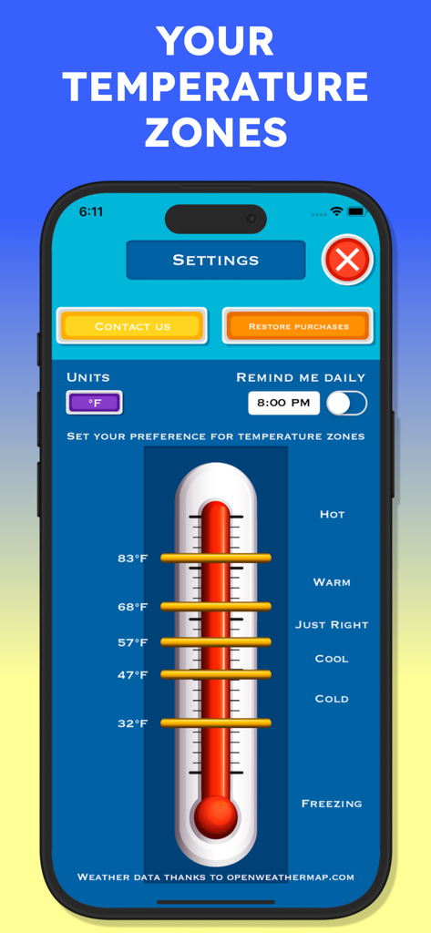 Forecast & What to Wear - Temperature zone settings in the Forecast and What to Wear app featuring a visual thermometer for kids.
