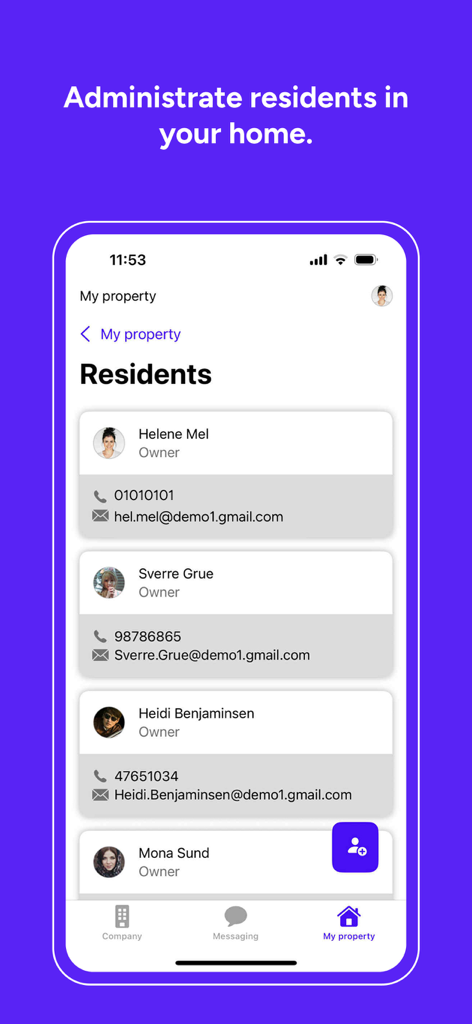 Solibo Home - Solibo Home app screen showing a list of property residents and their contact information