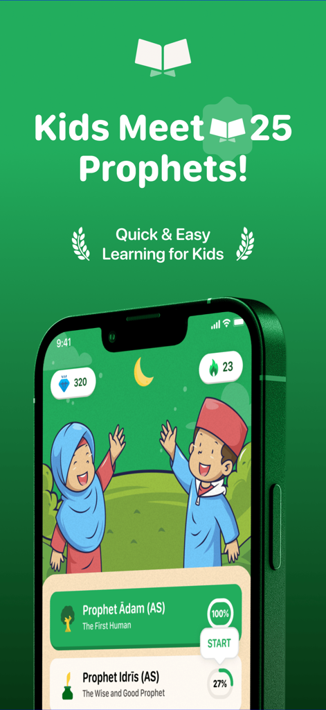 Quran For Kids Prophet Stories - Quran For Kids app screen displaying stories of the Prophets with progress tracking and gamified rewards