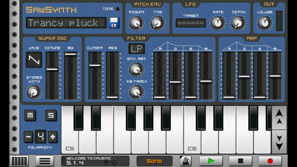 Caustic 3 SawSynth virtual rack synthesizer module and keyboard