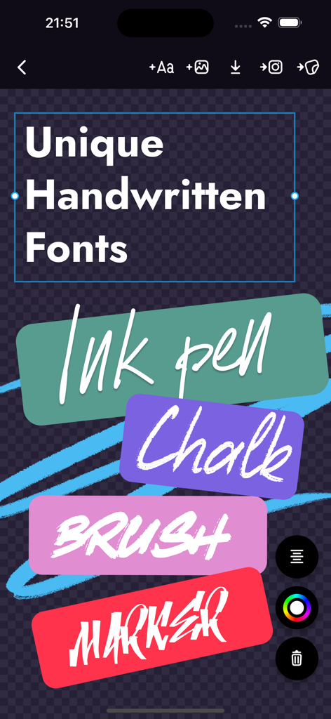Interfaz de aplicación móvil que muestra diferentes estilos de fuentes escritas a mano, incluidas pluma, tiza, pincel y marcador, en etiquetas coloridas