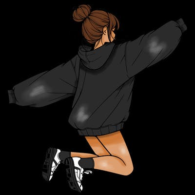 realistic girl jumping with a bun and oversized sweatshirt
