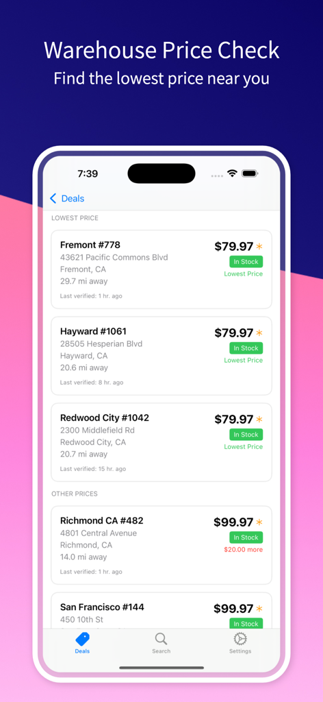 A screenshot of the Warehouse Runner app showing a list of nearby warehouse locations with real-time price comparisons for a specific item.
