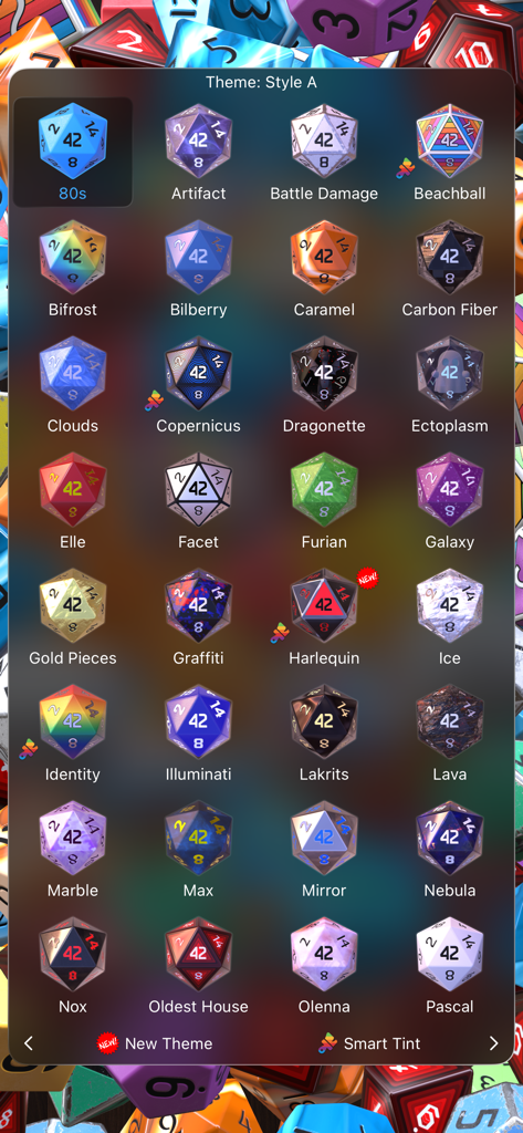 A menu screen in the Dice by PCalc app displaying a wide selection of 3D polyhedral dice themes including Galaxy, Lava, and Carbon Fiber styles.