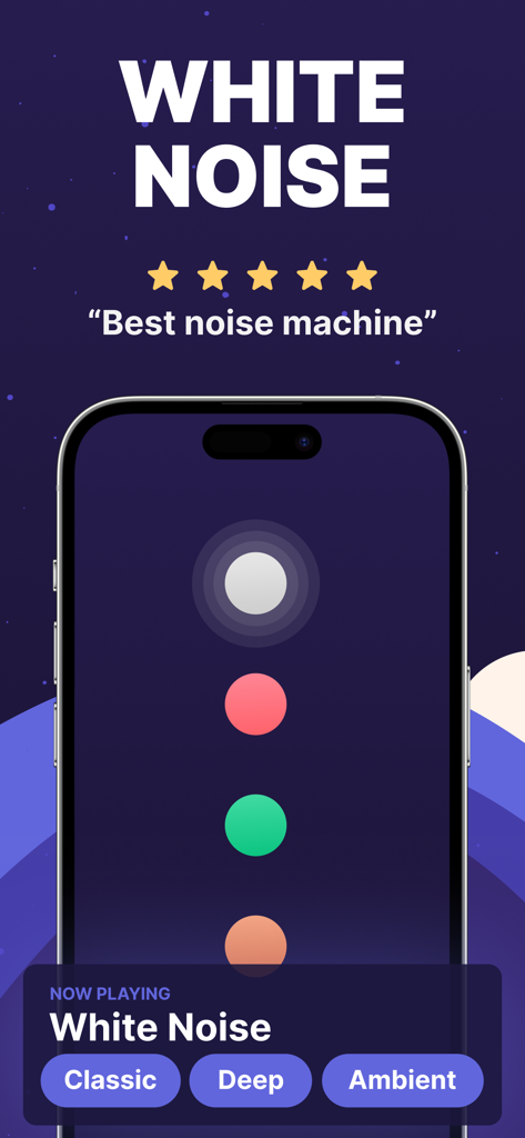Noise Machine - Brown, White - Noise Machine app interface showing white noise playback options on an iPhone with a five star rating.