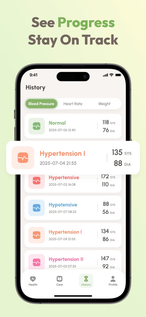 Blood Pressure Tracker+:AI Log - Journal de l'historique de la tension artérielle montrant les lectures systoliques et diastoliques avec des catégories d'état de santé.