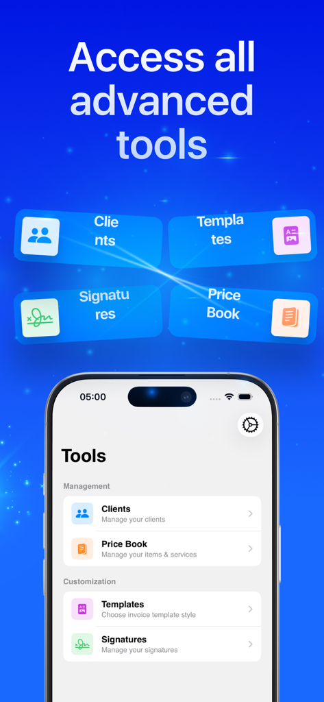 Pantalla de iPhone que muestra el menú Herramientas de la aplicación InvoiceGo con opciones para administrar clientes, listas de precios, plantillas y firmas