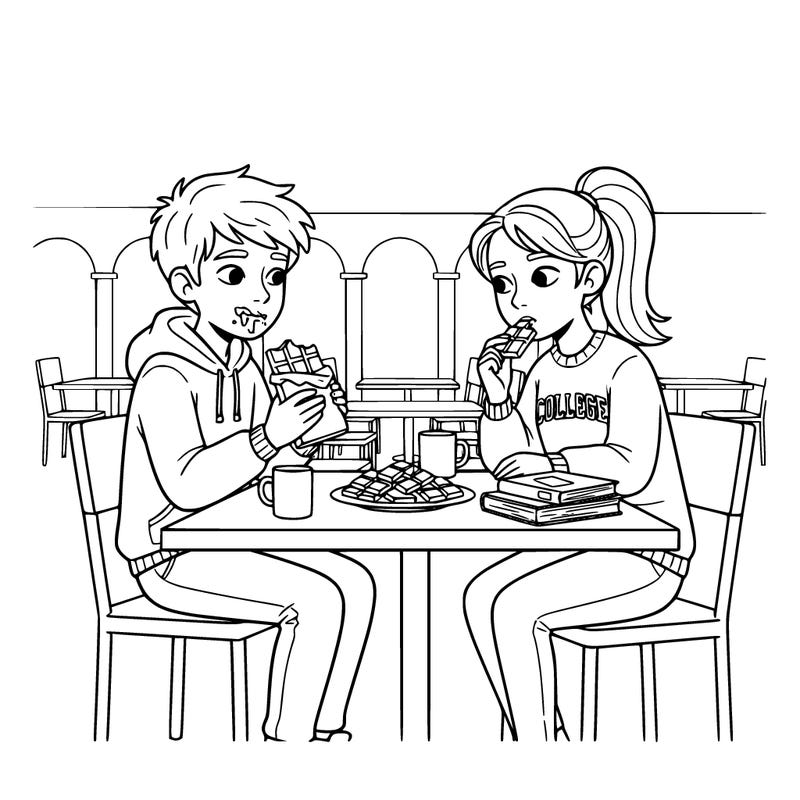 a boy and a girl sitting at a table eating chocolate and they’re in college