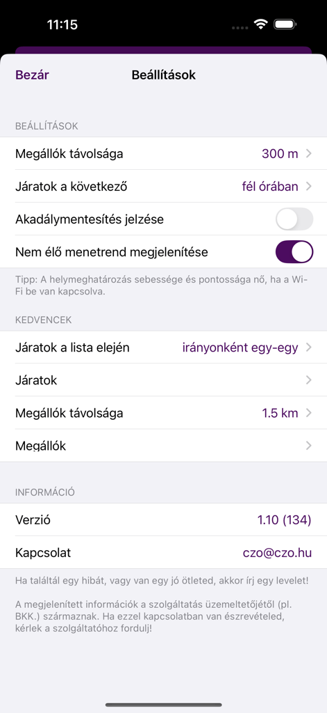 Holabusz - Pantalla de configuración de la aplicación Holabusz que muestra las preferencias de tránsito e información