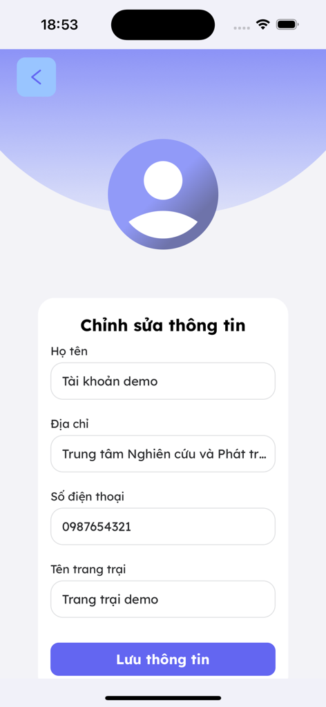 FruitAI - FruitAI profile edit screen with form fields for user and farm details