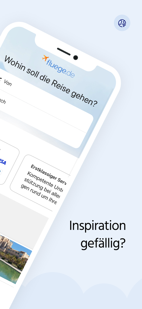 Startbildschirm der mobilen Fluege.de App mit Flugsuche und Reiseinspiration auf Deutsch