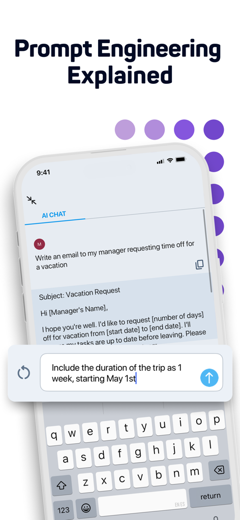 Interface de chat de IA no aplicativo Learn AI demonstrando como refinar um prompt para um e-mail de solicitação de férias
