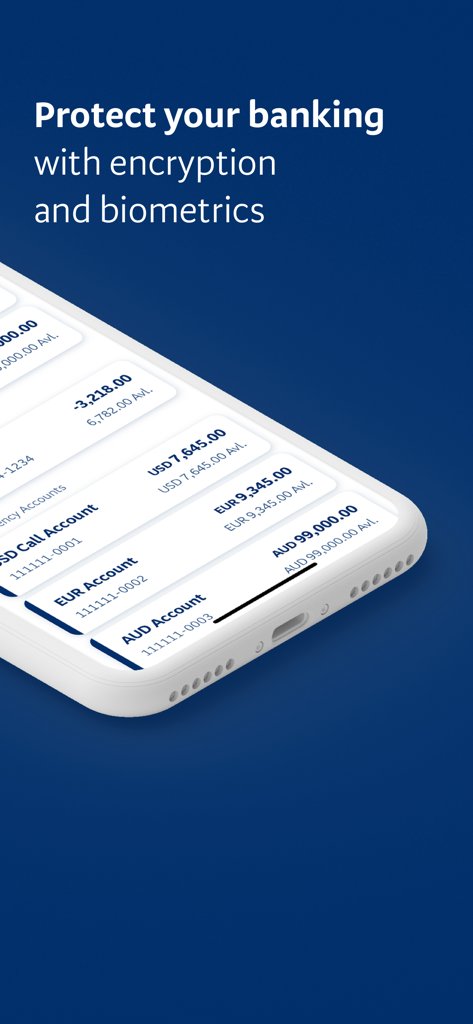 BNZ Mobile Business Banking app interface showing multi-currency account balances and security features