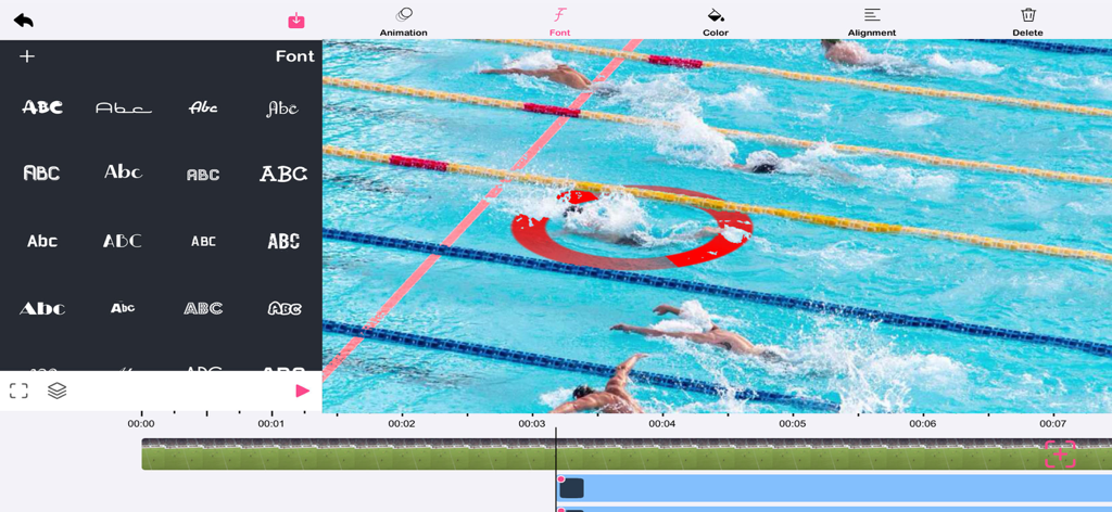 Coach Play - Sports Video - Coach Play app interface showing font selection menu and a highlighted swimmer in a competition