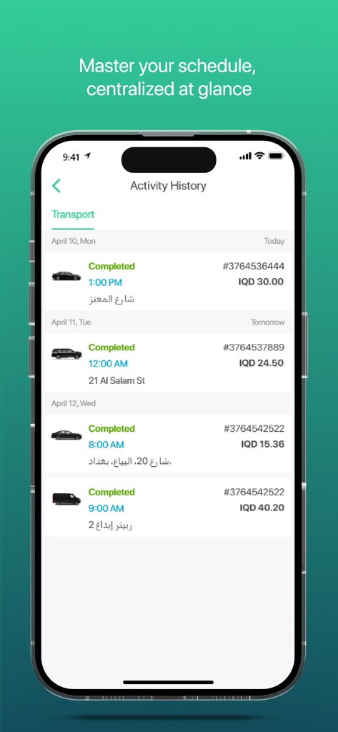 Taxi Naqel - تكسي ناقل - Un smartphone mostrando la pantalla Historial de Actividad de la aplicación Taxi Naqel, con una lista de viajes completados con fechas, horas y precios en dinares iraquíes.
