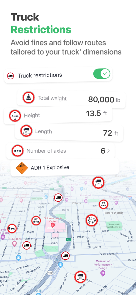 Roolz Navigation for Truckers - Oberfläche zum Einstellen von LKW-Gewichts-, Höhen- und Längenbeschränkungen auf einer Karte