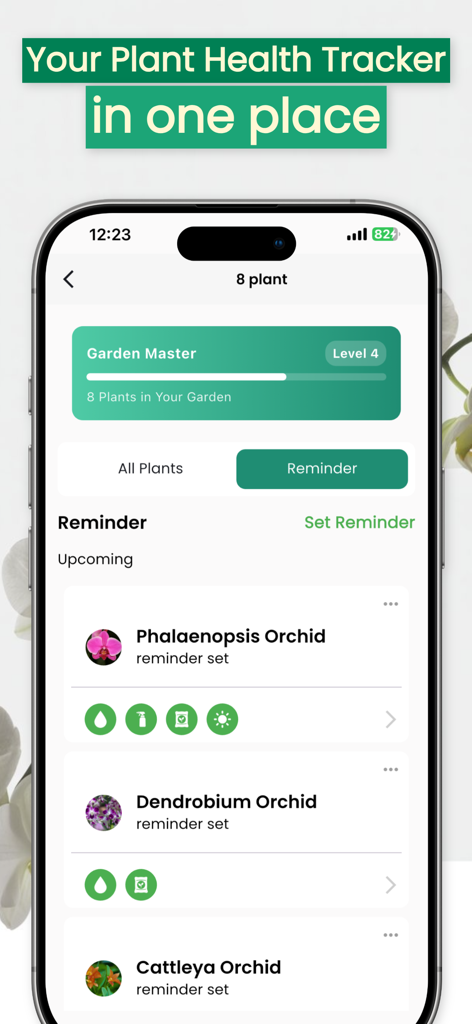 Orchid Care - Plant identifier - A smartphone showing the orchid care app interface with upcoming reminders for different plant types